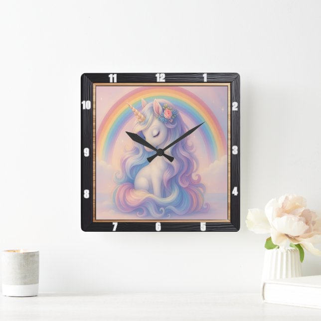 Pastel Rainbow Unicorn Dream Fyrkantig Klocka (Hem)