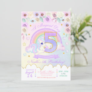 Pastel Rainbow Unicorn Femte födelsedagsinbjudan Inbjudningar