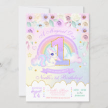 Pastel Rainbow Unicorn First Birthday-inbjudan