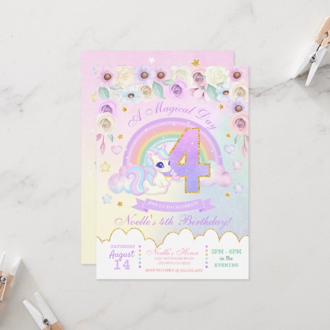 Pastel Rainbow Unicorn Fjärde födelsedagsinbjudan Inbjudningar (Fram/Back In Situ)