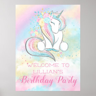 Pastel Rainbow Unicorn Födelsedagsfest Sign Poster