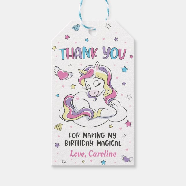 Pastel Rainbow Unicorn Födelsedagsfest, Tack Presentetikett (Framsidan)