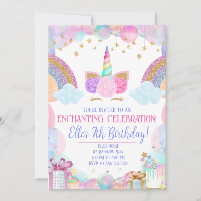 Pastel Rainbow Unicorn Girls Birthday Inbjudningar (Framsida)