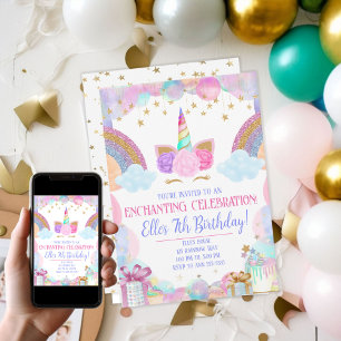 Pastel Rainbow Unicorn Girls Birthday Inbjudningar