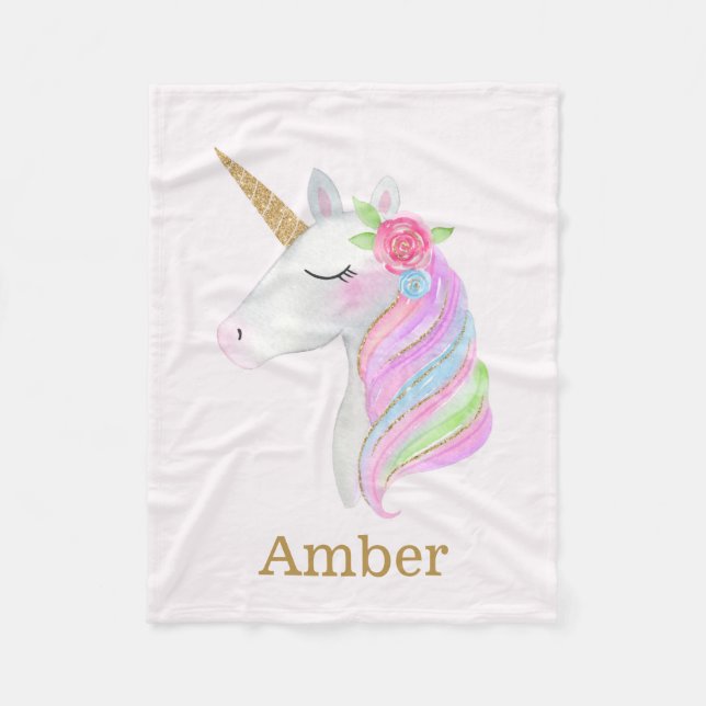 Pastel Rainbow Unicorn Girls Personlig Namn Fleecefilt (Framsidan)