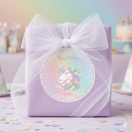 Pastel Rainbow Unicorn Happy Birthday Runt Klistermärke