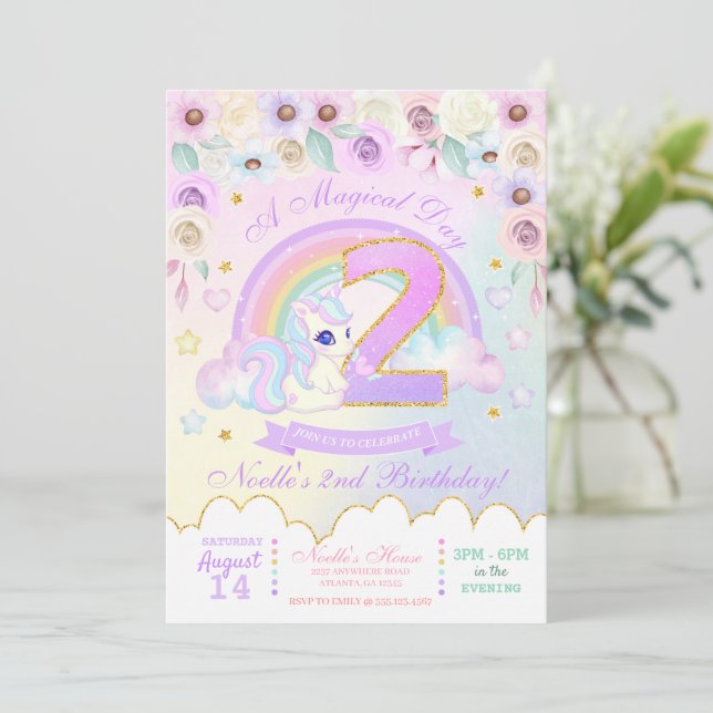 Pastel Rainbow Unicorn inbjuden till andra födelse Inbjudningar (Stående Fram)