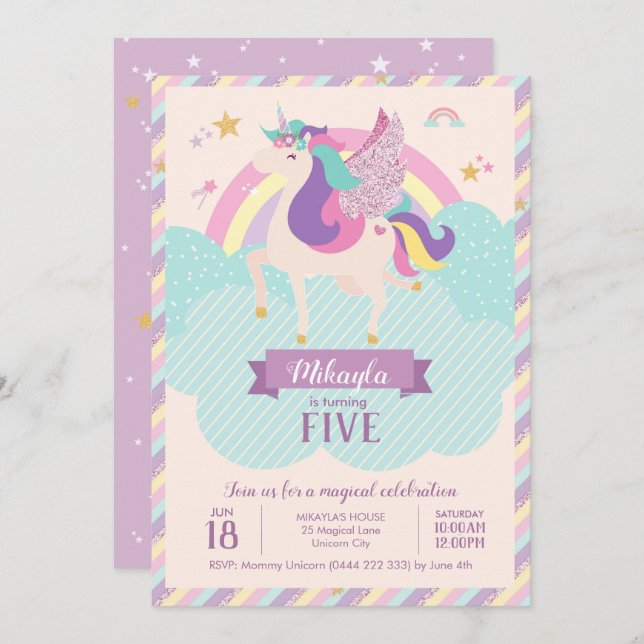 Pastel Rainbow Unicorn Magic Birthday Cute Inbjudningar (Fram/baksida)