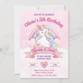 Pastel Rainbow Unicorn Magic Födelsedagsfest Inbjudningar