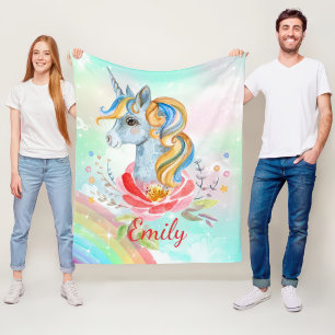 Pastel Rainbow Unicorn Personlig Fleece Blanket