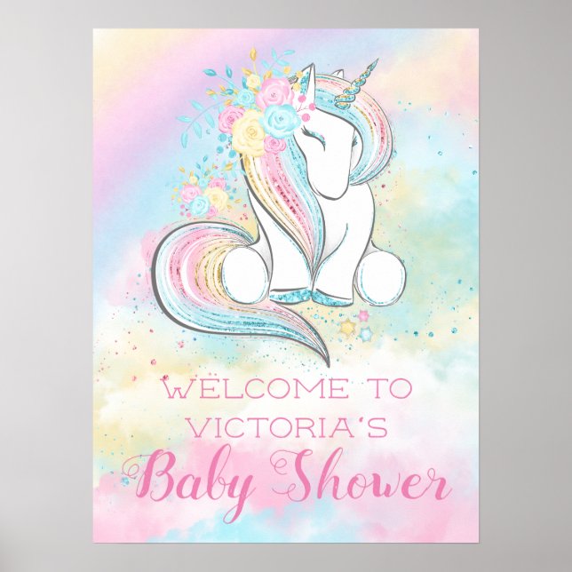 Pastel Rainbow Unicorn Shower-skylt Poster (Framsidan)