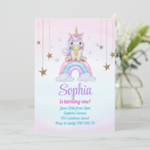 Pastel Rainbow Unicorn Sparkles 1:a födelsedagen Inbjudningar