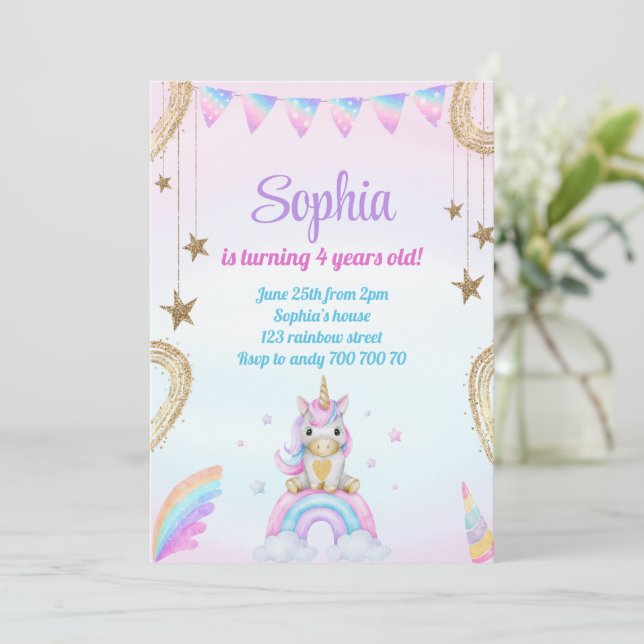 Pastel Rainbow Unicorn Sparkles Birthday Inbjudningar (Stående Fram)