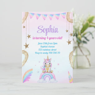 Pastel Rainbow Unicorn Sparkles Birthday Inbjudningar