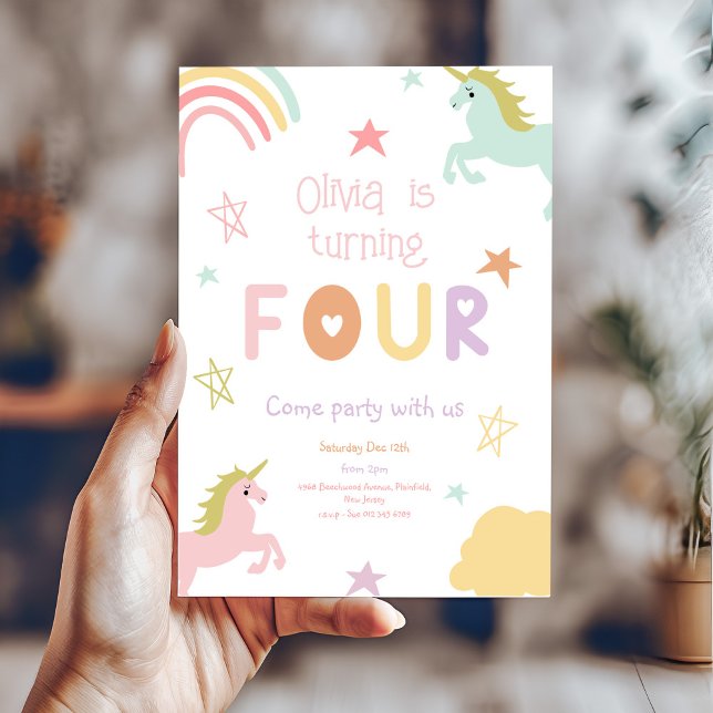 Pastel Rainbow Unicorn Stars fjärde födelsedag Inbjudningar (Skapare uppladdad)
