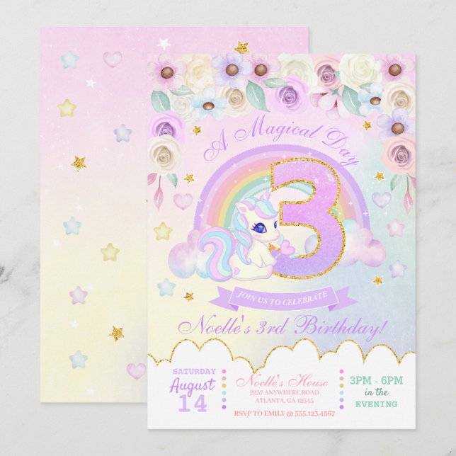 Pastel Rainbow Unicorn Tredje födelsedagsinbjudan Inbjudningar (Fram/baksida)