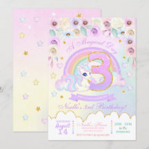 Pastel Rainbow Unicorn Tredje födelsedagsinbjudan