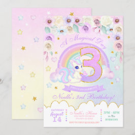 Pastel Rainbow Unicorn Tredje födelsedagsinbjudan Inbjudningar