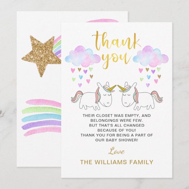 Pastel Rainbow Unicorn Twin Baby Shower Tack Kort (Fram/baksida)