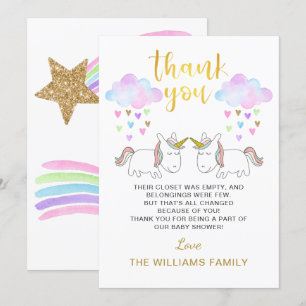 Pastel Rainbow Unicorn Twin Baby Shower Tack Kort