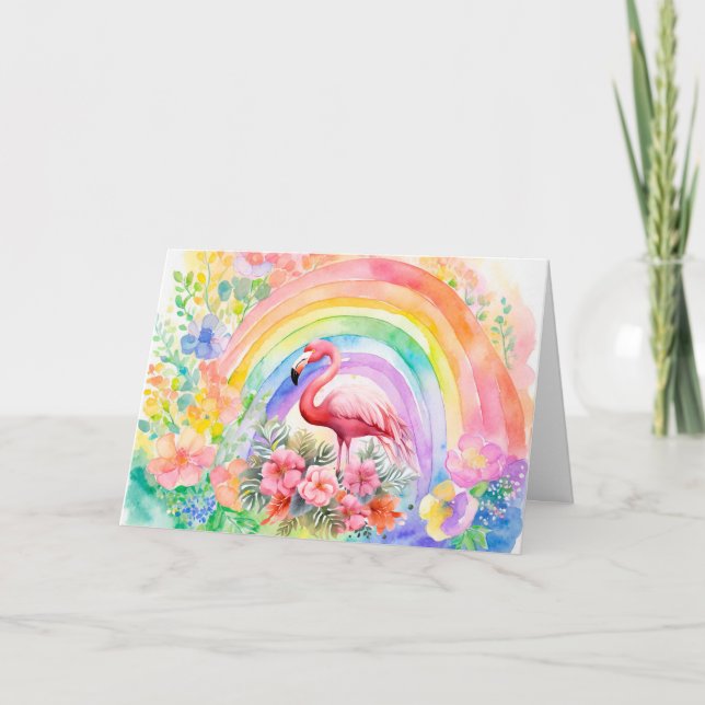 Pastel Rainbow Watercolor Blommigt Flamingo Card Helgkort (Framsida)