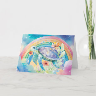 Pastel Rainbow Watercolor Blommigt Sea Turtle Card Helgkort