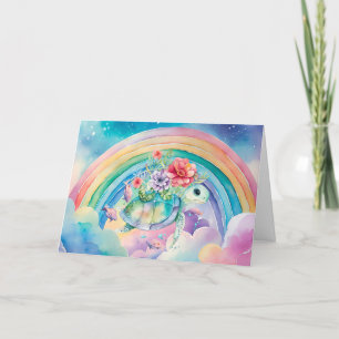 Pastel Rainbow Watercolor Blommigt Sea Turtle Card Helgkort