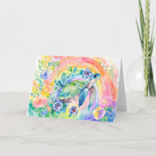 Pastel Rainbow Watercolor Blommigt Sea Turtle Card Helgkort