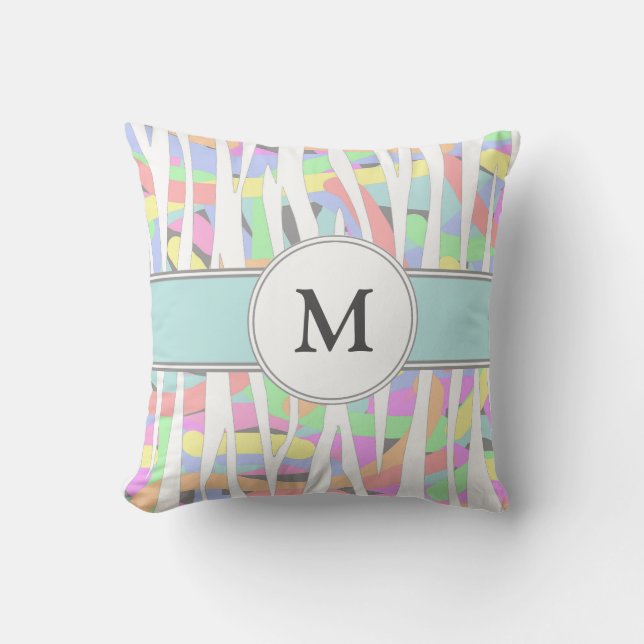 Pastel Rainbow Zebra tryck Anpassningsbar Monogram Kudde (Framsida)