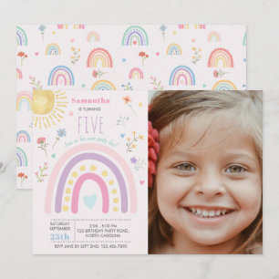 Pastel Rainbows Girly Wildblommor Birthday Photo Inbjudningar