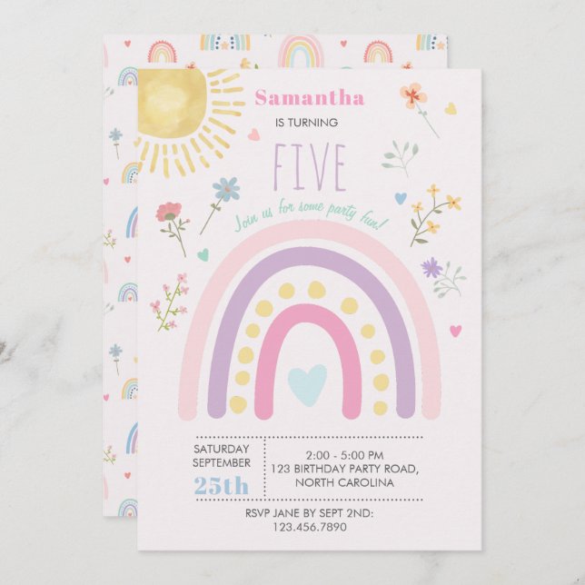 Pastel Rainbows Girly Wildblommor Hearts Birthday Inbjudningar (Fram/baksida)