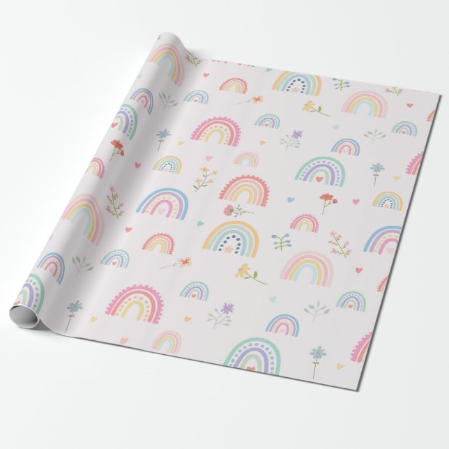 Pastel Rainbows Girly Wildblommor & Hearts Presentpapper (Utrullad)