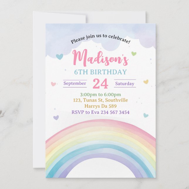 Pastel Rainbows och Hearts Birthday Inbjudningar (Framsida)