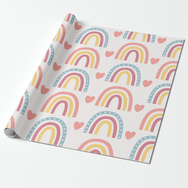 Pastel Rainbows och Hearts Mönster Presentpapper (Utrullad)