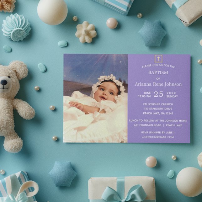 Pastel Rand Lavender Photo Baptism Christening Inbjudningar (Skapare uppladdad)