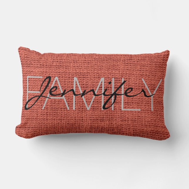 Pastel Red Burlap Rustic Monogram Lumbarkudde (Framsida)