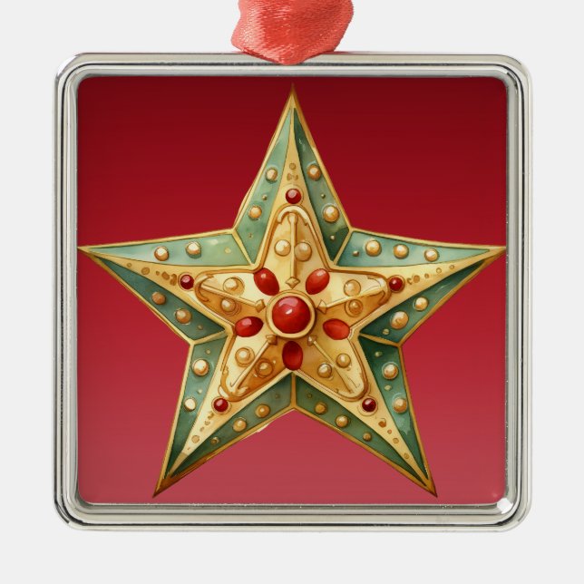 PASTEL RED GRÖNT GULD PINTED CHRISTMAS STAR JULGRANSPRYDNAD METALL (Framsidan)