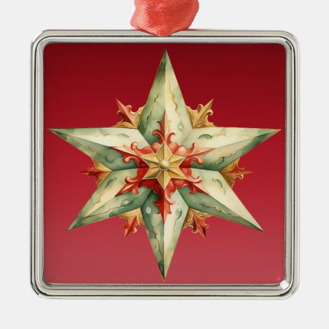 PASTEL RED GRÖNT GULD PINTED CHRISTMAS STAR JULGRANSPRYDNAD METALL (Framsidan)