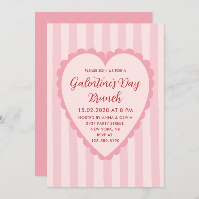 Pastel Red Pink Hand Drawn Galentine's Day Brunch Inbjudningar (Fram/baksida)