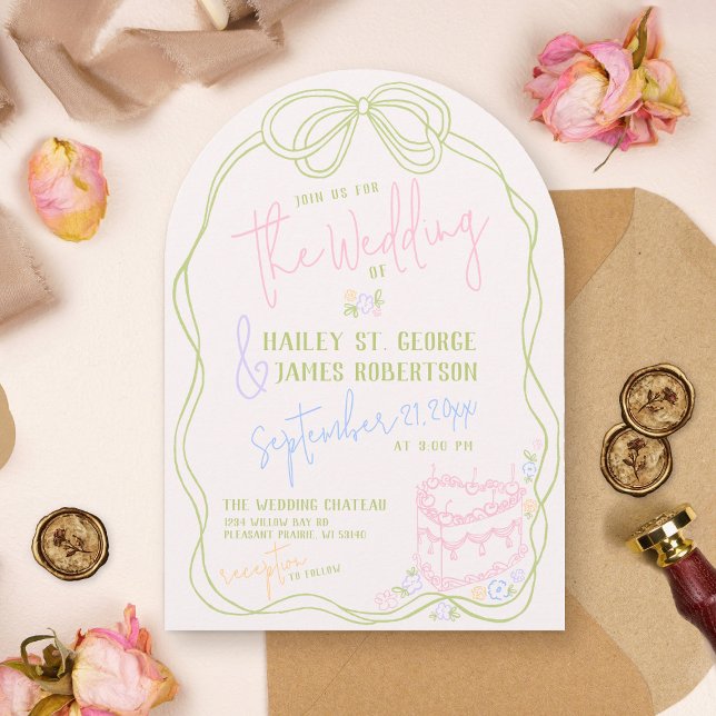 PASTEL-retro bröllop i det moderna kvicksiga hand  Inbjudningar (Ivory quirky modern retro hand drawn written bow cake floral wedding invitation QR code RSVP)
