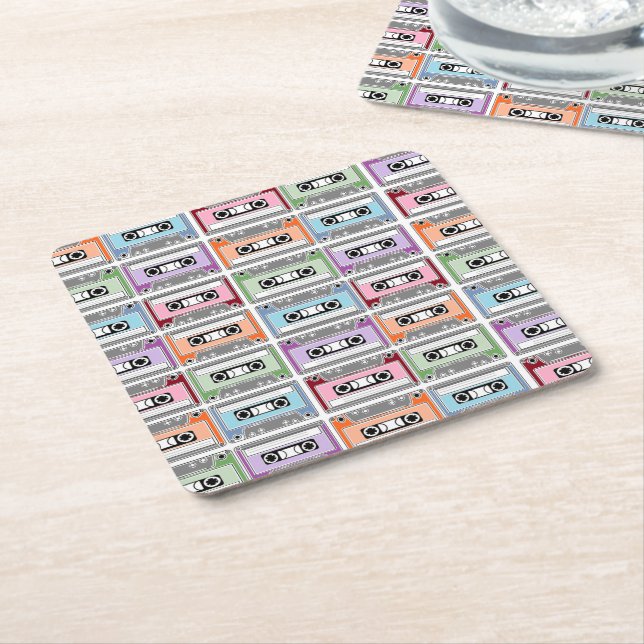 Pastel Retro Cassette Tapes Pattern Underlägg Papper Kvadrat (Vinklad)