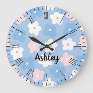 Pastel Retro Flowers på Blue Stor Klocka