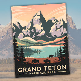 Pastel Retro Grand Teton nationalpark med Bison Vykort