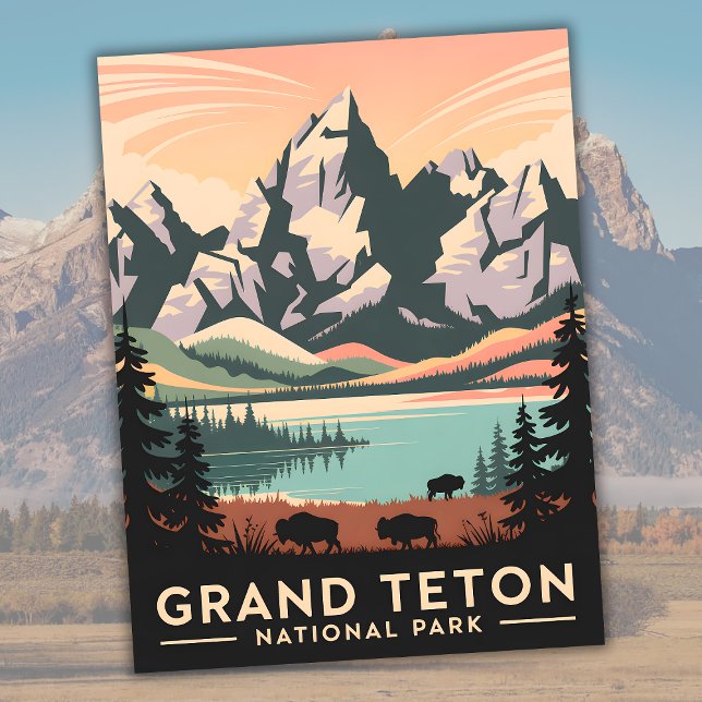 Pastel Retro Grand Teton nationalpark med Bison Vykort (Pastel Retro Grand Teton National Park with Bison Postcard)