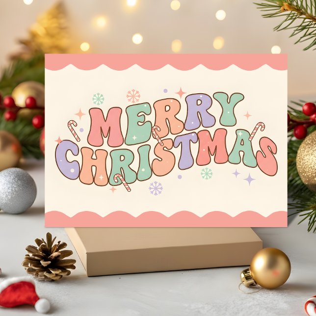 Pastel Retro Groovy Merry Christmas Helgkort (Skapare uppladdad)