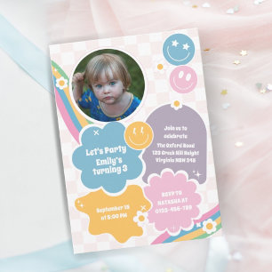 Pastel Retro Groovy Smiles Photo Birthday Inbjudningar