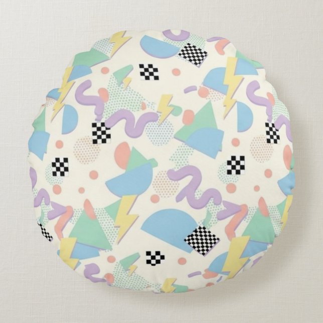 Pastel Retro Memphis Pattern Swirls Rund Kudde (Framsidan)