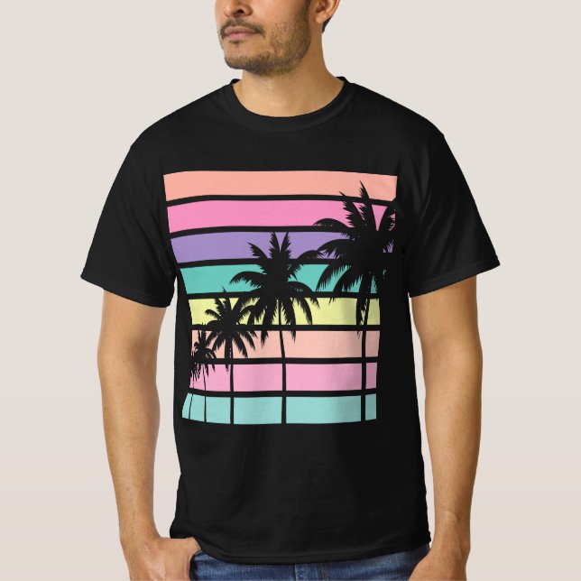 Pastel Retro Palm Tree, Palm Tree Beach  T Shirt (Framsida)