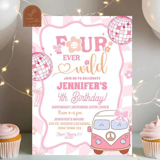 Pastel Retro Van Fourever Vild Groovy Birthday Inbjudningar (Skapare uppladdad)