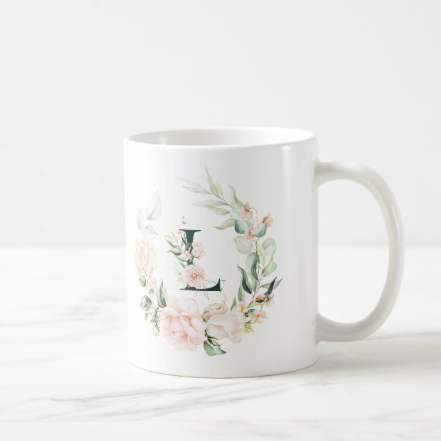 Pastel ro, blommigt av andningsutandning monogram  kaffemugg (Höger)